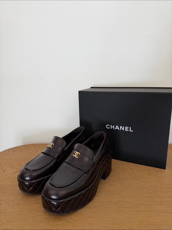 CHANEL Shoes - CHANEL Brown Quilted Platform Penny Loafers with Gold CC